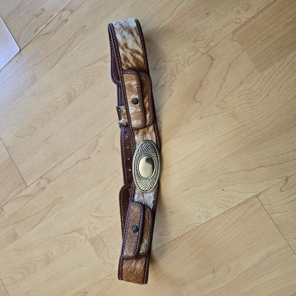 Western Calf Hair Faux‎ Leather Belt with Pouches Tan White Silver Buckle 32in